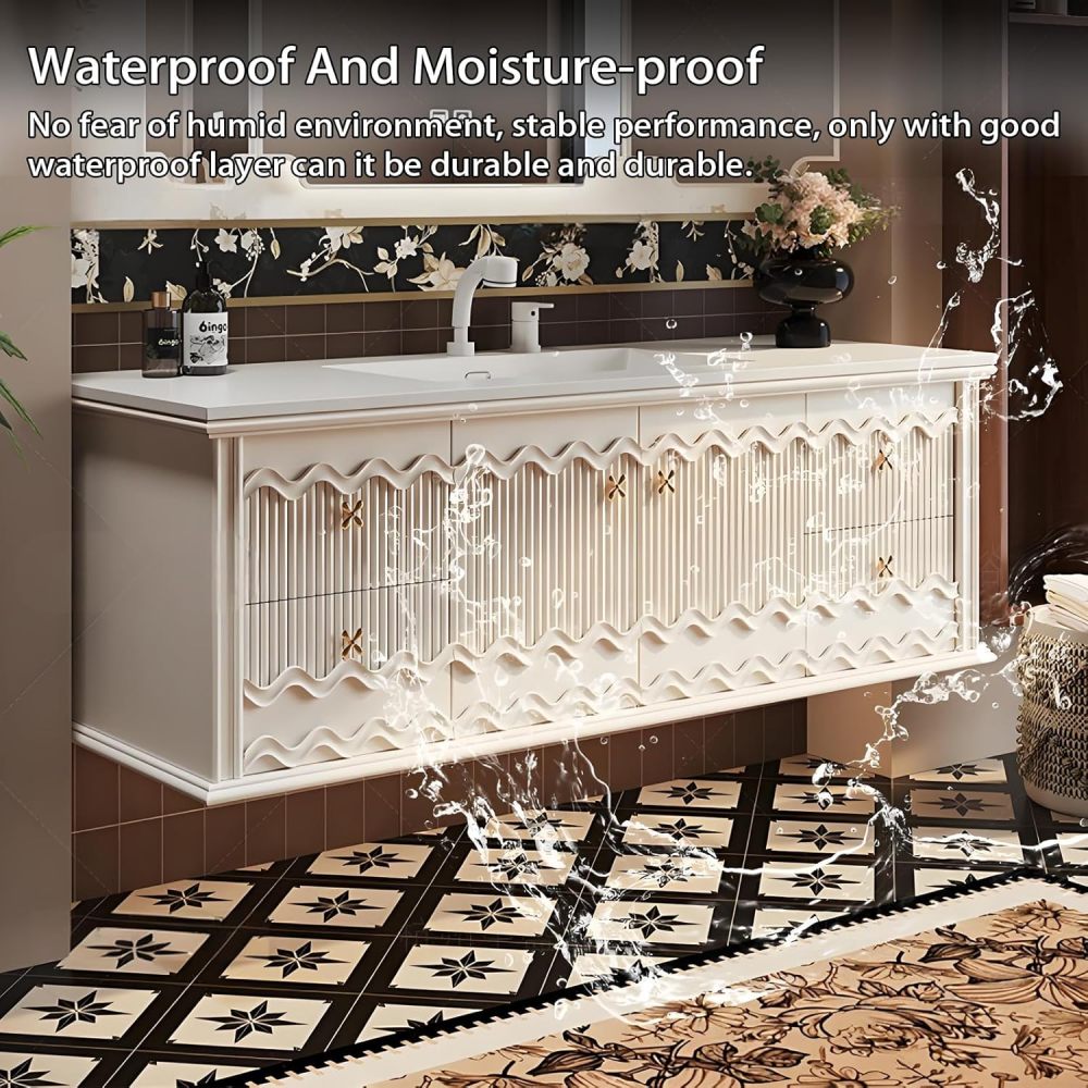 74IN Bathroom Vanity with Sink - Solid Wood Hanging Bathroom Vanity, Defog Mirror, 4 Storage Drawers, Customizable Size, No Assembly Required Style B