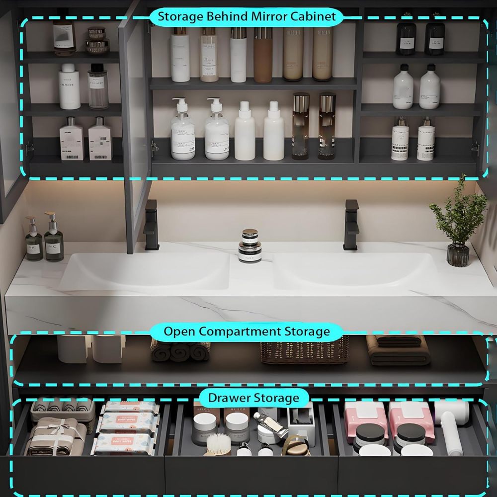 58IN Bathroom Vanity with Sink - Modern Double Sink Vanity with Smart Defrosting Mirror, Bathroom Sink Cabinet, Large Storage Space, Custom Sizes - Complete Accessories, Grey