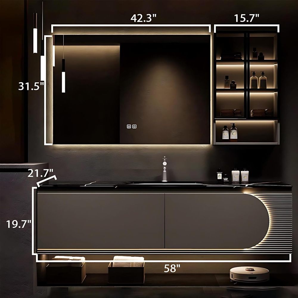58IN Bathroom Vanity with Sink - Wall-Mounted Bathroom Vanity Cabinet with Induction Light&Defogger, Single Floating Sink Design, Large Storage Space - Complete Accessories, Brown