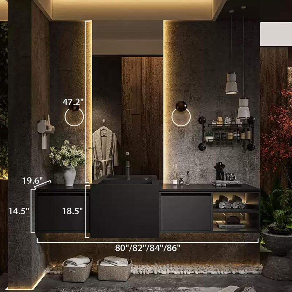 84IN Bathroom Vanity with Sink - Bathroom Sink Cabinet Multilayer Solid Wood, Hanging Floating Vanity Cabinet, Smart Defrosting Mirro, Customizable Size - Complete Accessories, Grey