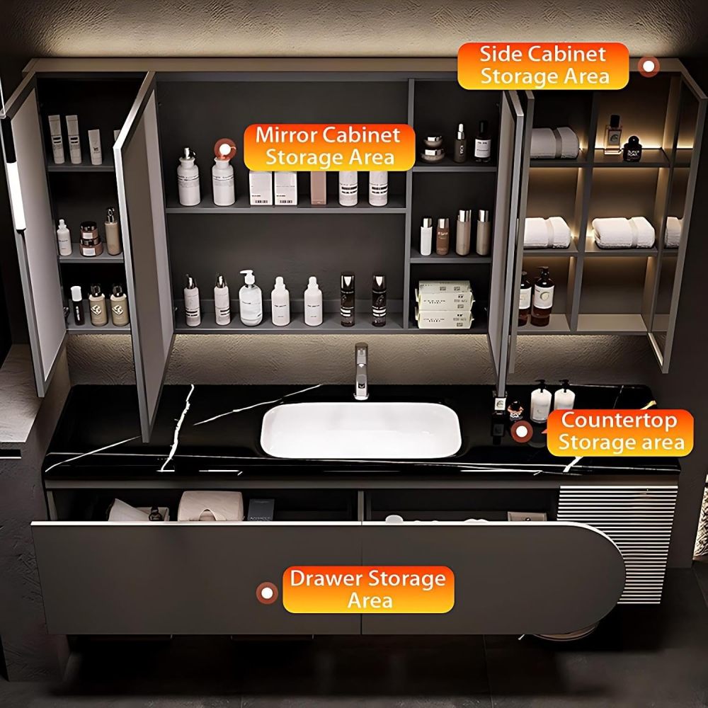 58IN Bathroom Vanity with Sink - Wall-Mounted Bathroom Vanity Cabinet with Induction Light&Defogger, Single Floating Sink Design, Large Storage Space - Complete Accessories, Brown