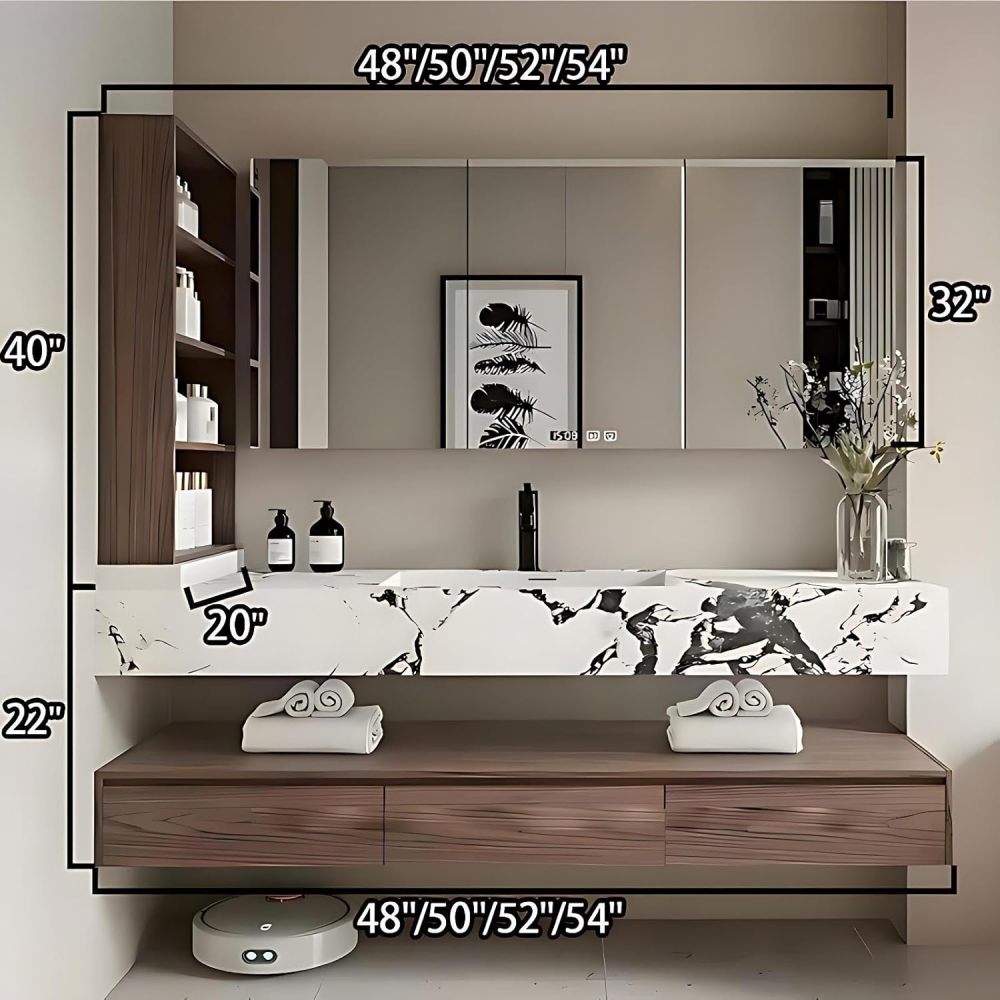 54IN Bathroom Vanity with Sink - Solid Wood Bathroom Vanity Cabinet with Smart Defog Mirror, Single Floating Sink Design, Waterproof, Customizable Size - Complete Accessories,