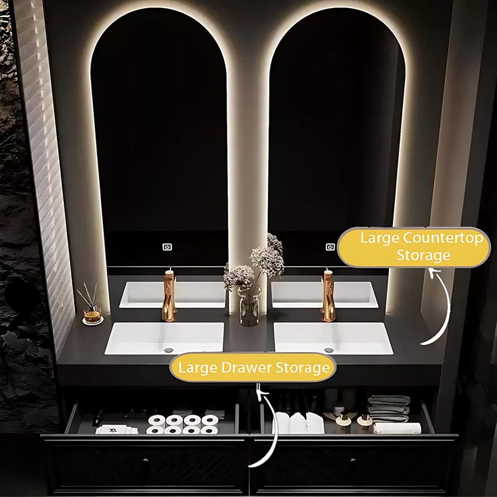 66IN Bathroom Vanity with Sink - Bathroom Vanity Cabinet with Smart Anti-Fog Mirror, Double Floating Sink, Multi-Layer Solid Wood, Customizable Size - Complete Accessories, Black