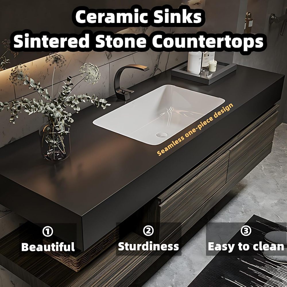 Bathroom Vanity with Sink - Modern Floating Vanity with Sintered Stone Countertop and LED Anti-Fog Mirror, Premium Solid Wood Bathroom Sink Cabinet, Easy Assembly, Ample Storage (84")