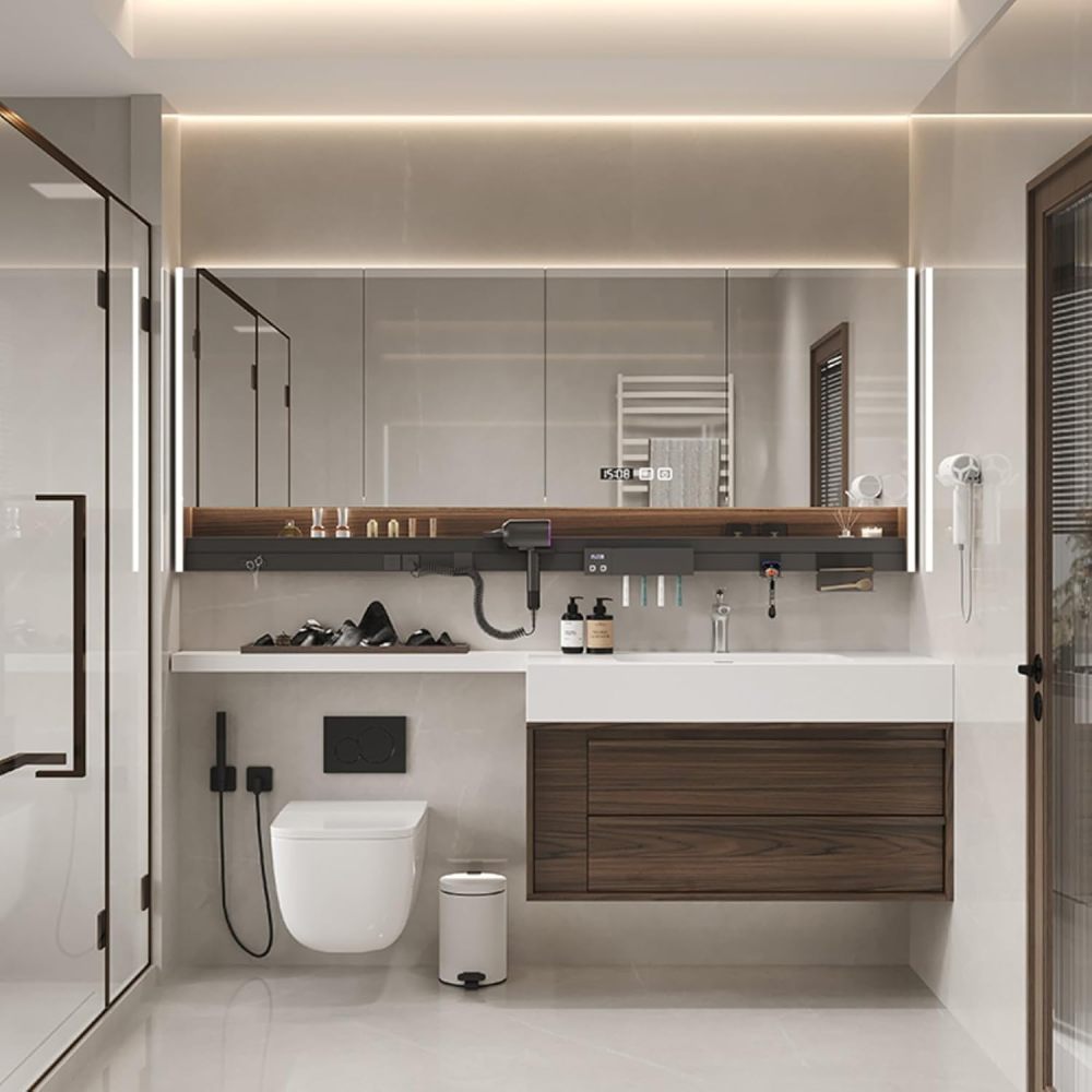 98IN Bathroom Vanity with Sink - Modern Bathroom Vanity Cabinet with Extension Strip&Smart Defog Mirror, Floating Sink Design, Multilayer Solid Wood - Complete Accessories, Style C