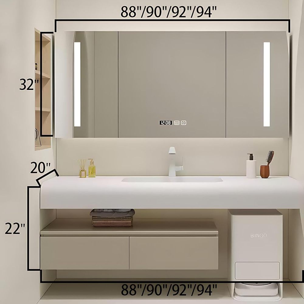 88IN Bathroom Vanity with Sink - Single Bathroom Vanity Cabinet with Smart Defog Mirror, Floating Sink Design, Multi-Layer Solid Wood, Customizable Sizes - Complete Accessories, Mirror Cabinet