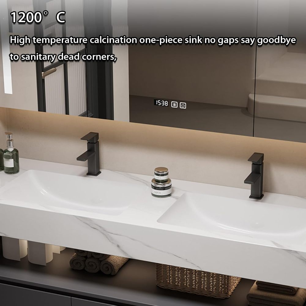 58IN Bathroom Vanity with Sink - Modern Double Sink Vanity with Smart Defrosting Mirror, Bathroom Sink Cabinet, Large Storage Space, Custom Sizes - Complete Accessories, Grey
