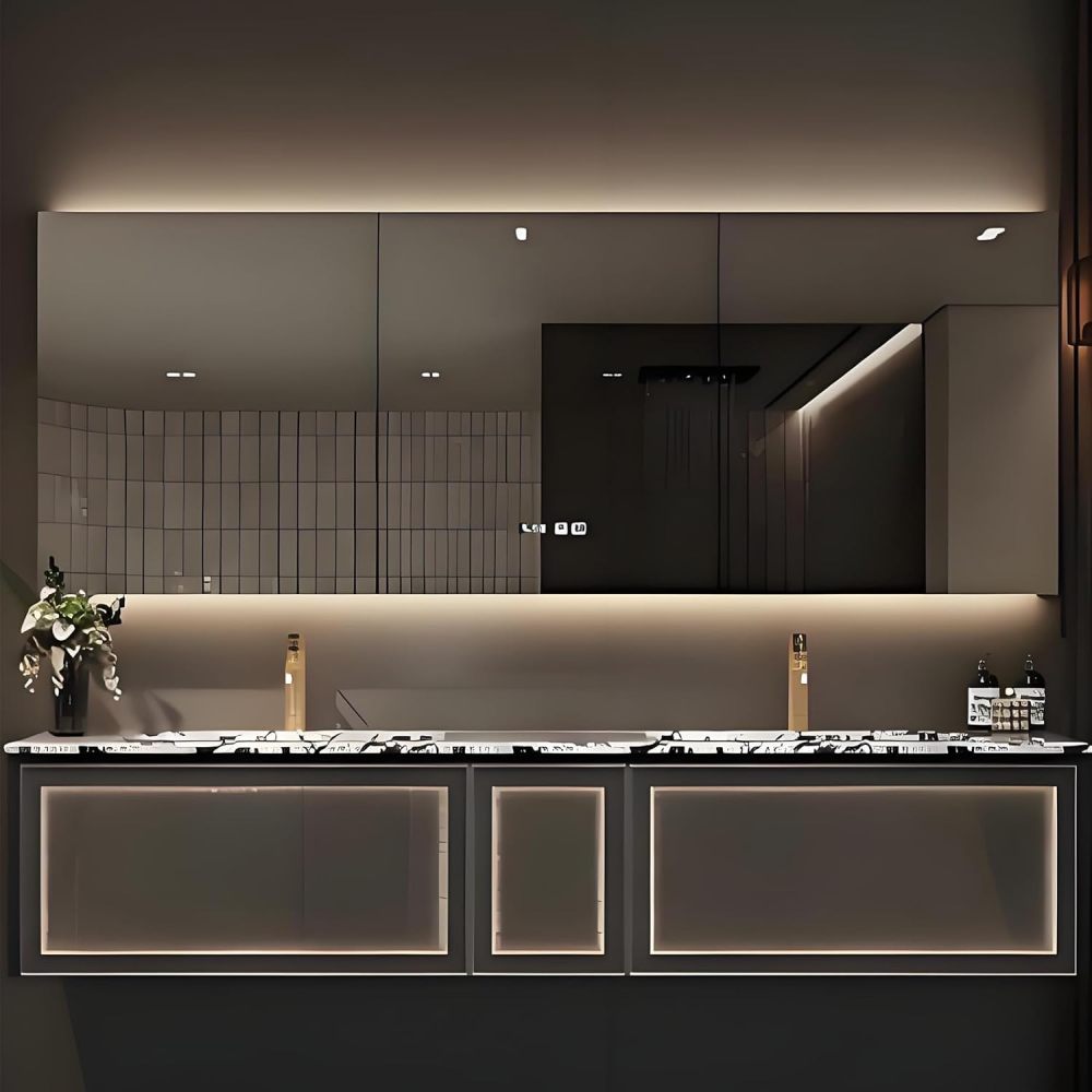 86IN Bathroom Vanity with Sink - Bathroom Sink Cabinet Motion Sensor Light, Bathroom Vanity Double Sink, Smart Defrosting Mirror, Customizable Sizes - Complete Accessories Brown