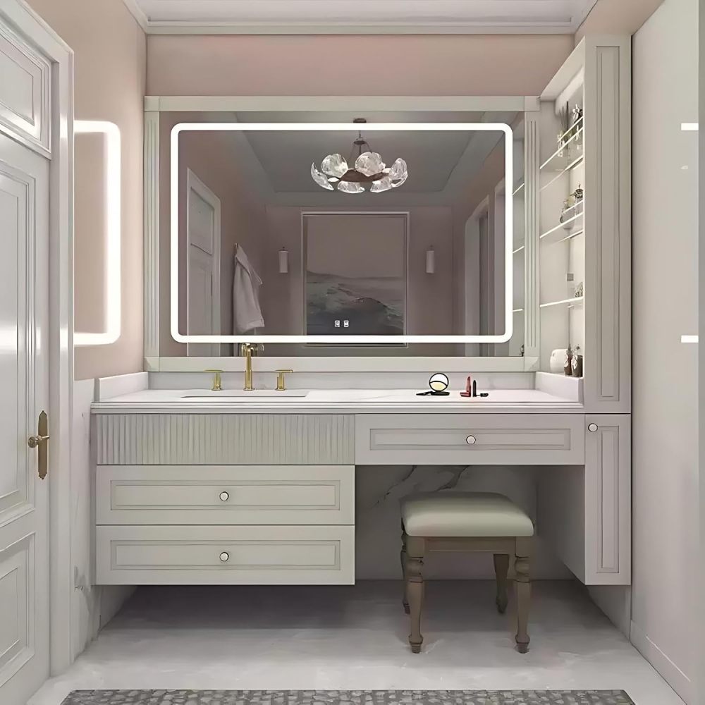 62IN Bathroom Vanity with Sink - Wall-Mounted Bathroom Vanity Cabinet with Makeup Chair & Storage, Smart Storage, Multi-Layer Solid Wood, Custom Sizes - Complete Accessories, White