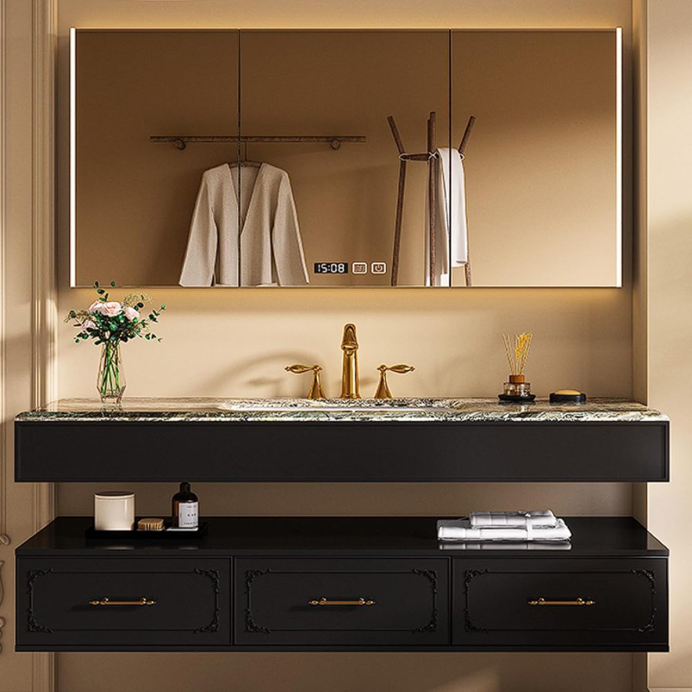 96IN Bathroom Vanity with Sink - Solid Wood Floating Bathroom Vanity, Smart Defrosting Mirror, 3 Storage Drawers Extra Large Storage Space, Customizable Sizes,Black