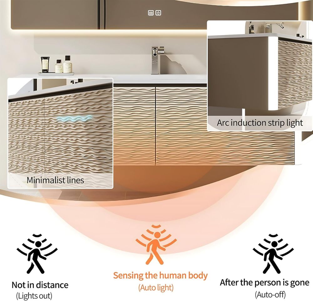 Bathroom Vanity with Sink - Floating Bathroom Vanity & Smart Defog Mirror Cabinet Set, Stylish Engraved Design (44")