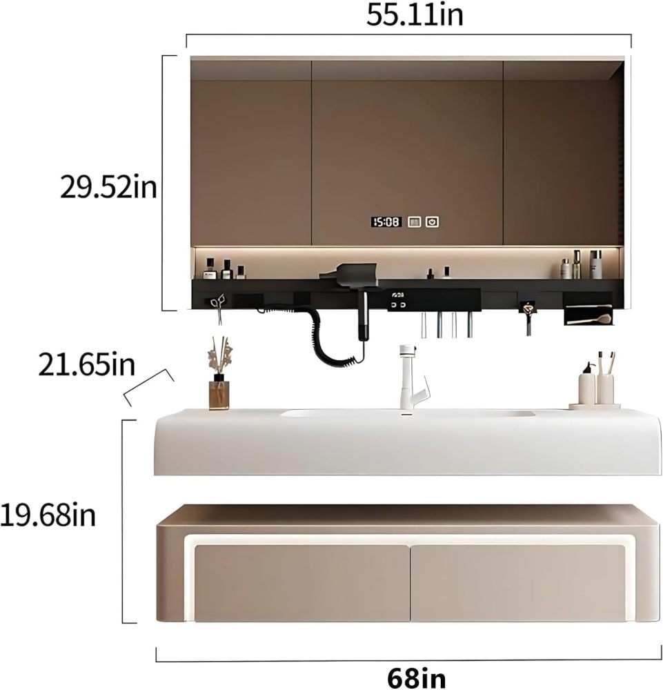 Modern Bathroom Vanity with Sink - LED Intelligent Defogging Mirror Cabinet, Multi-Functional Storage Shelf, Smart Sensor Lights, and Solid Wood Construction - Ideal Floating Vanity (68")
