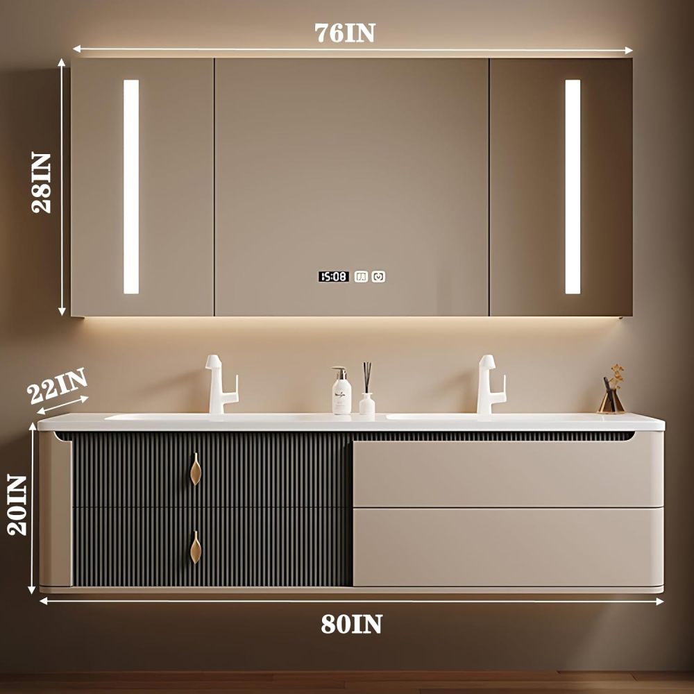 Bathroom Vanity with Sink - Single/Double Sink Bathroom Vanity Cabinet & Smart Defogger Mirror Cabinet Set, Wall-Mounted Floating Vanity (Double Sink 80")