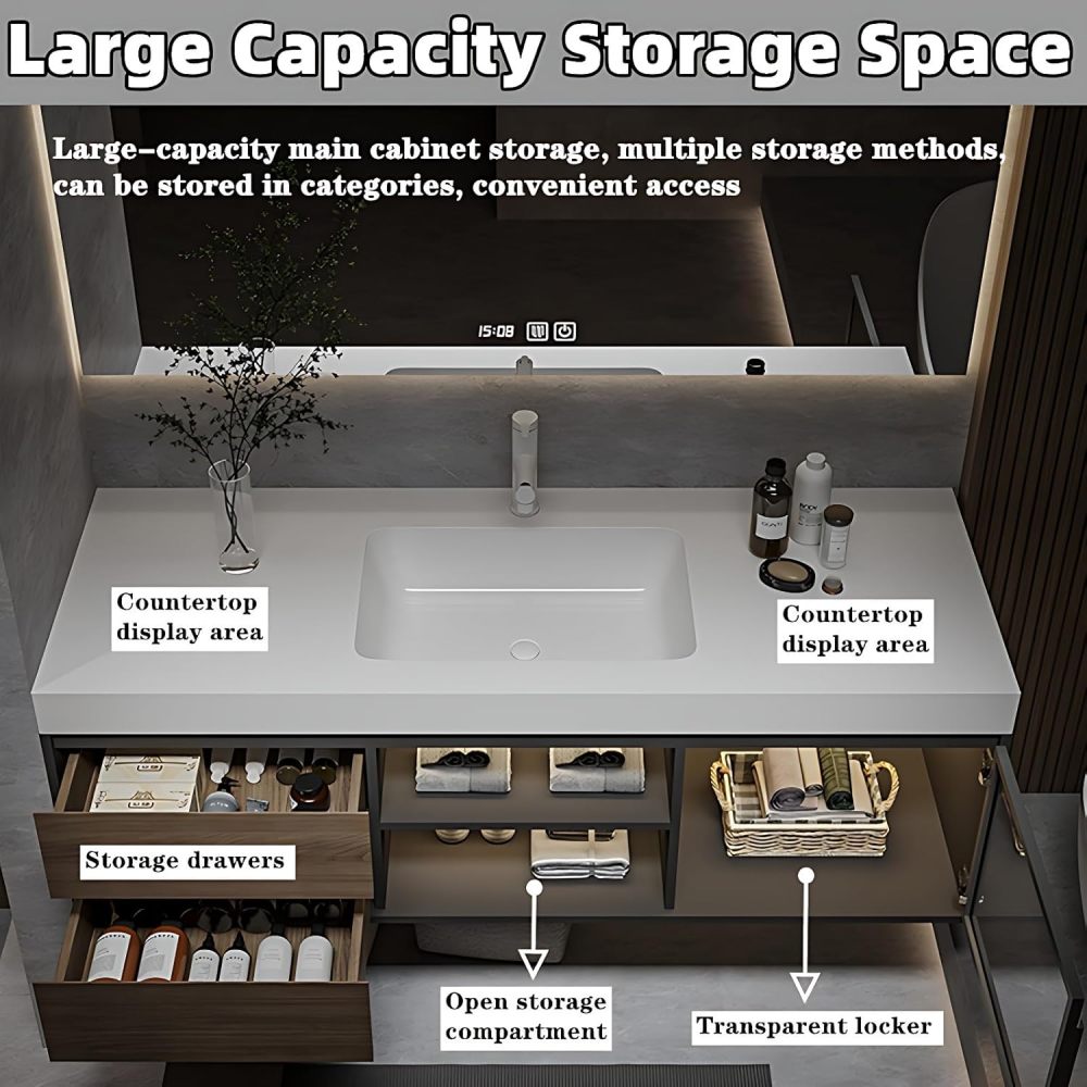 Bathroom Vanity with Sink - Modern Floating Vanity & LED Smart Defogger Mirror Set, Wall-Mounted Bathroom Sink Cabinet with Faucet and Drain Set (44")