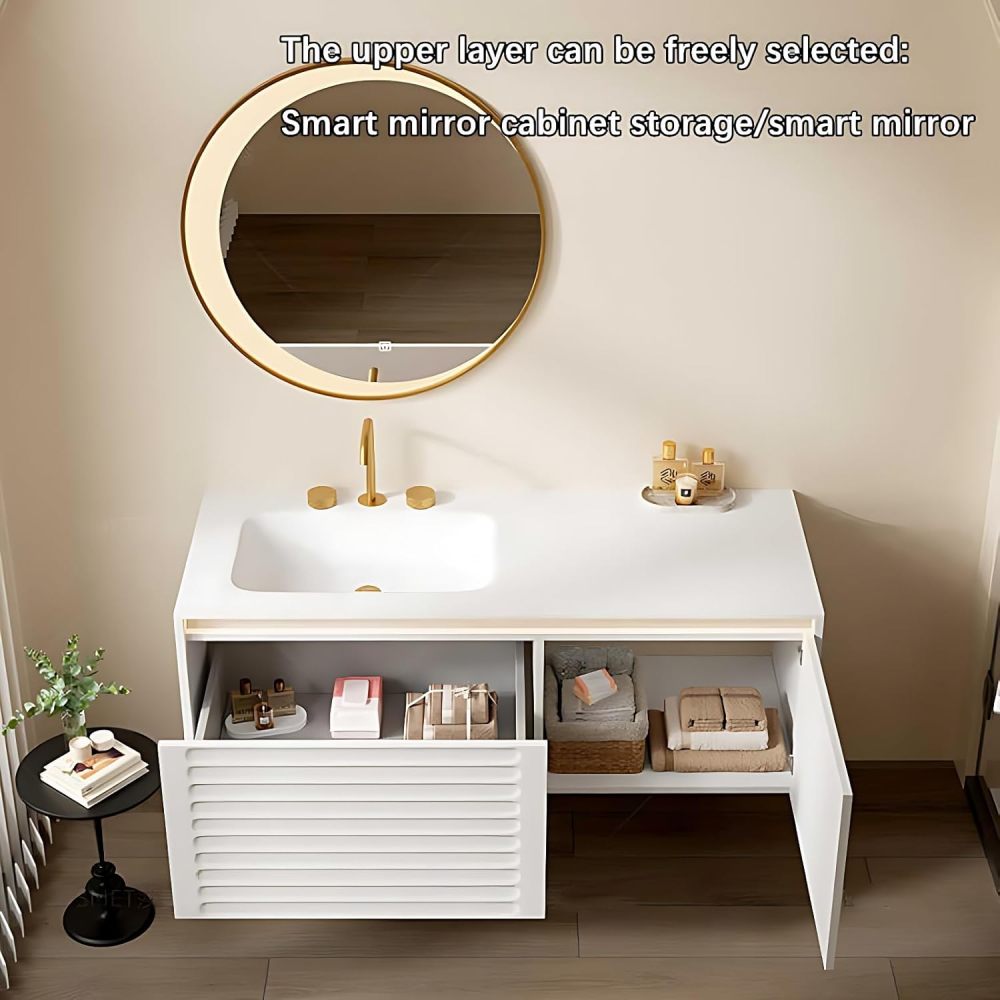 Bathroom Vanity with Sink - Modern Single Sink Floating Bathroom Vanity Cabinet & Defog Mirror Set, Wall-Mounted Installation, for Organized Spaces (Round Mirror, 72")