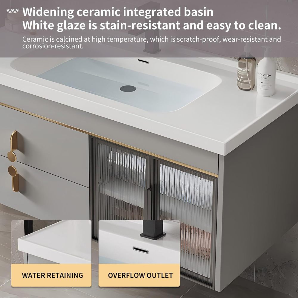 Bathroom Vanity with Sink - Modern Bathroom Sink Cabinet Set，Floating Vanity Bathroom & LED Smart Defogger Mirror Cabinet, with 2 Drawers (White, 36")