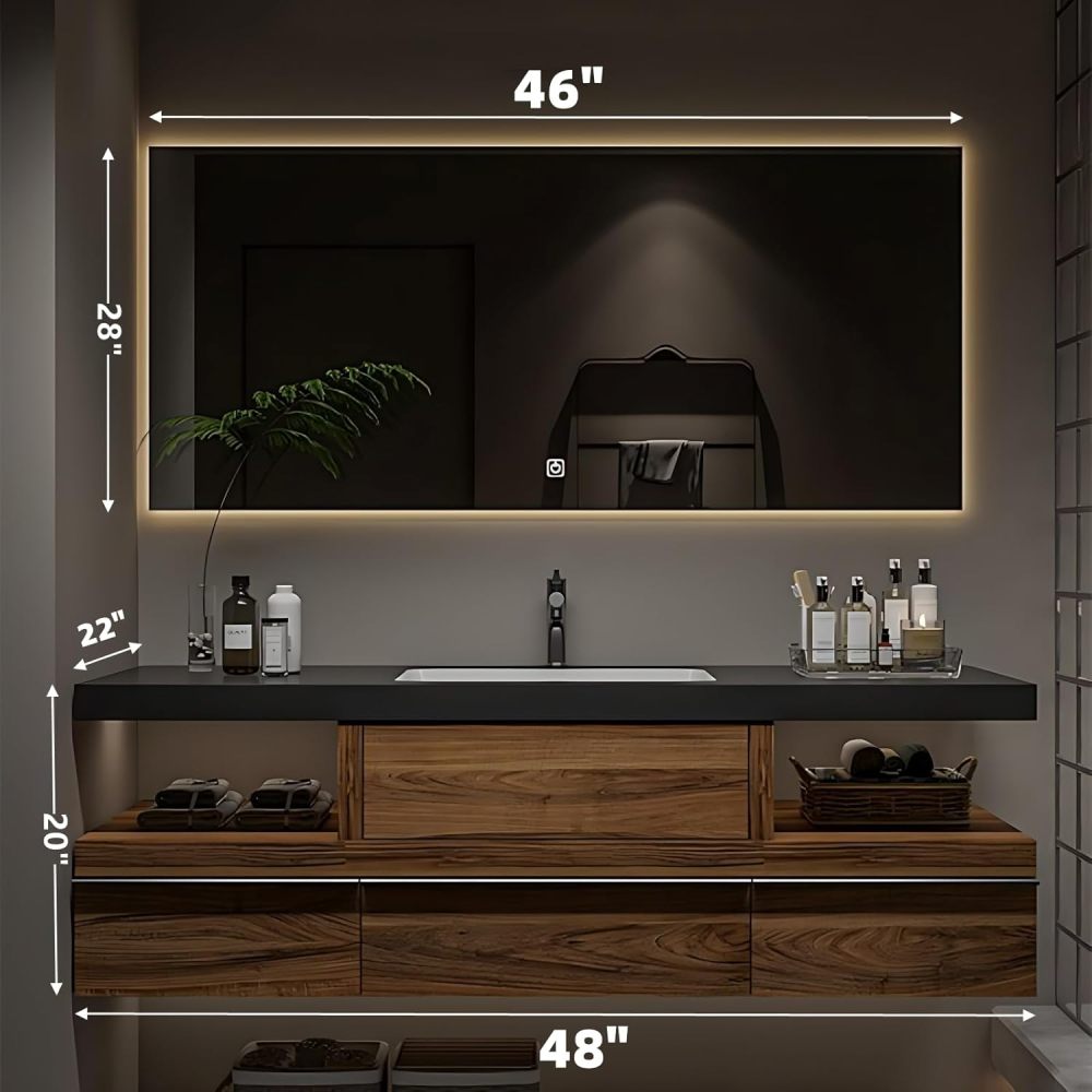 Bathroom Vanity with Sink - Modern Single Sink Bathroom Vanity Cabinet, Wall Mounted Solid Wood Floating Vanity with Ample Storage and LED Anti-Fog Mirror (Square Mirror, 48")