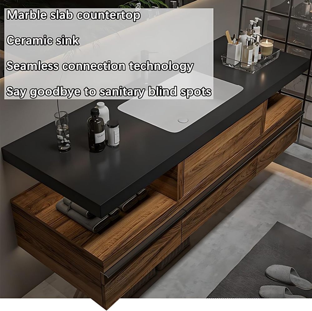 Bathroom Vanity with Sink - Modern Single Sink Bathroom Vanity Cabinet, Wall Mounted Solid Wood Floating Vanity with Ample Storage and LED Anti-Fog Mirror (Square Mirror, 48")