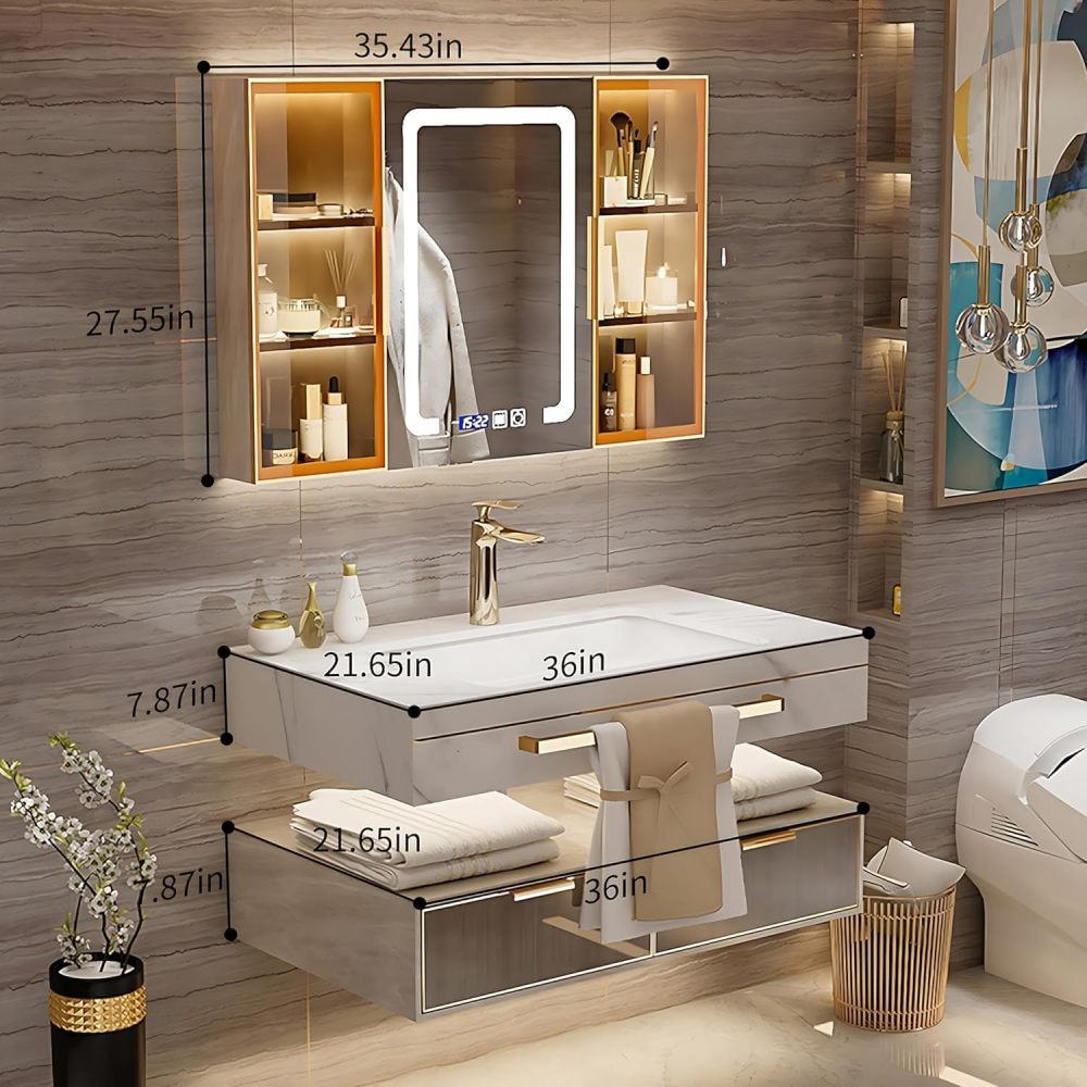 Bathroom Vanity with Sink - Single/Double Sink Bathroom Vanity & LED Fog Removal Mirror Cabinet, Modern Design, Wall-Mounted Floating Vanity (Single Sink, 36")