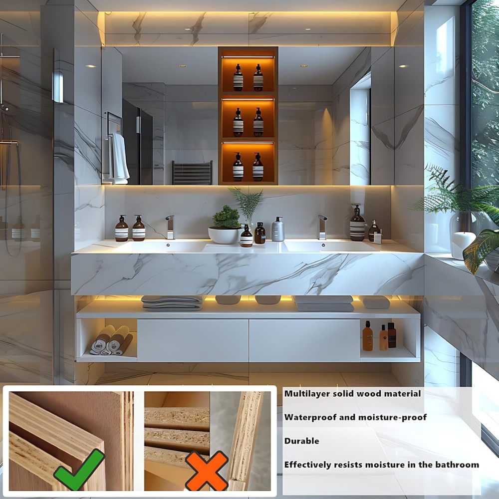 Bathroom Vanity with Sink - Double Sink Bathroom Vanity& Smart defog Function | Wall Mount | Multi-Layer Solid Wood Material | Modern and Stylish Design (White A,68")