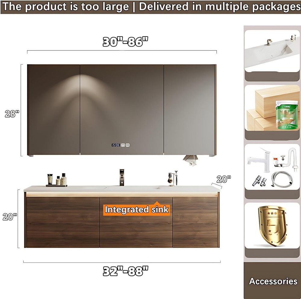 Bathroom Vanity with Sink - Durable Single Sink Floating Bathroom Vanity Cabinet & Smart Defog Mirror Set, Wall-Mounted Installation (Equipped with Intelligent Defogger Mirror Cabinet, 36")