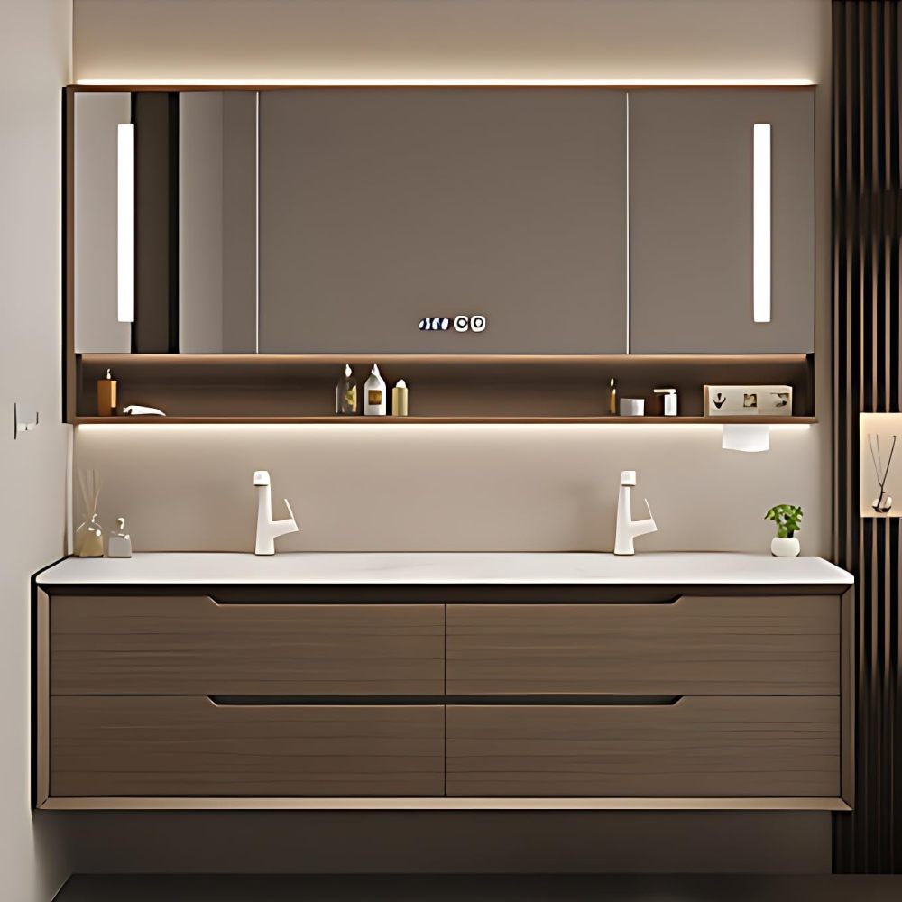 Modern Bathroom Vanity - Double Sink With Sintered Stone Countertop, LED Anti-Fog Mirror Cabinet, Wall-Mounted Floating (Grey, 80")