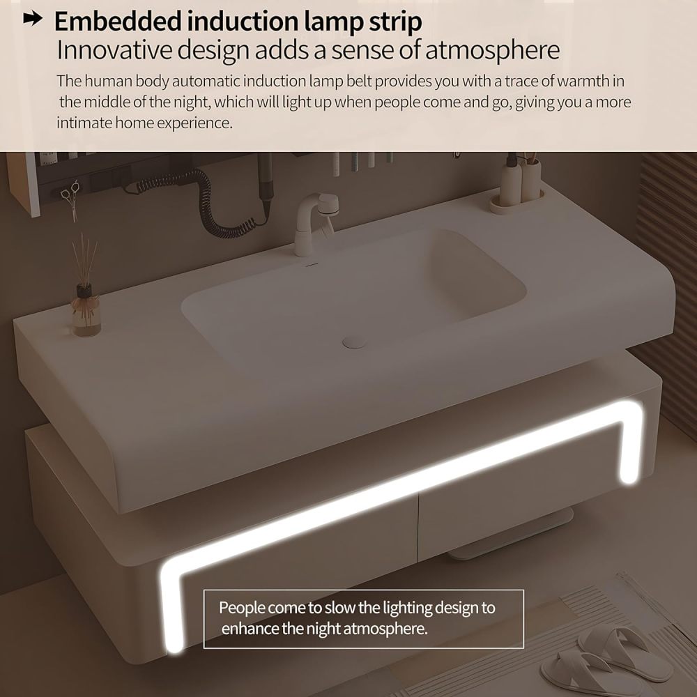 Modern Bathroom Vanity with Sink - LED Intelligent Defogging Mirror Cabinet, Multi-Functional Storage Shelf, Smart Sensor Lights, and Solid Wood Construction - Ideal Floating Vanity (68")