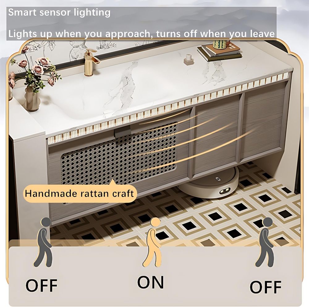 Durable Bathroom Vanity with Sink - Single Sink Bathroom Vanity Cabinet, Solid Wood Floating Vanity Set, Equipped with Intelligent Defogger Mirror Cabinet, Ample Storage (56")
