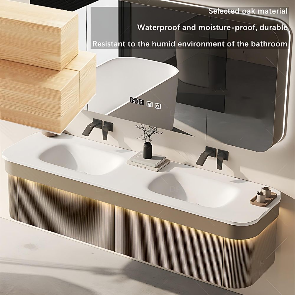 Bathroom Vanity with Sink - Modern Double Sink Bathroom Vanity & LED Anti-Fog Mirror Cabinet, Ample Storage Solutions, Floating Vanity with Faucet Accessories (56")