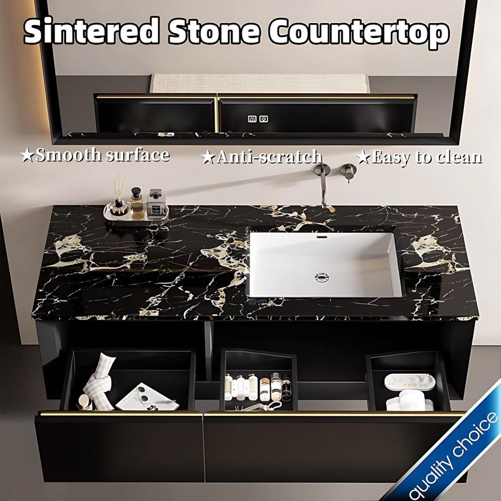 Bathroom Vanity with Sink, 40" - 88" Floating Vanity, Single Sink Bathroom Vanity Cabinet with LED Defog Mirror Set, Motion Sensor Light, Solid Wood, Large Storage Drawer (60")