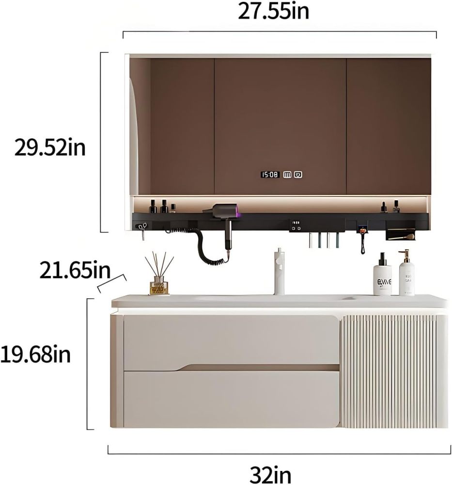 Bathroom Vanity with Sink Set - Includes LED Smart Defogging Mirror Cabinet, Stylish Floating Vanity - Bathroom Sink Cabinet with Drawers & Multifunctional Shelves (32")