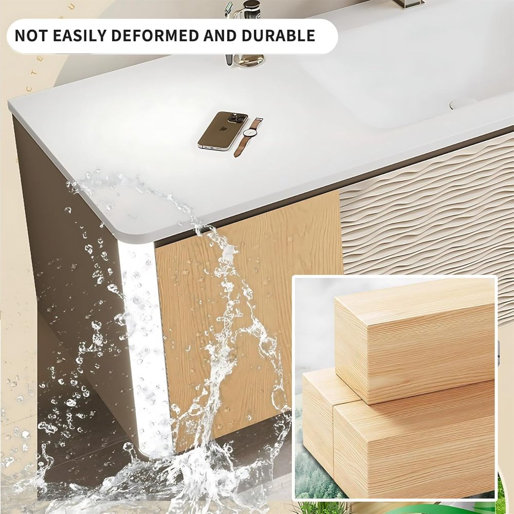 Bathroom Vanity with Sink - Floating Bathroom Vanity & Smart Defog Mirror Cabinet Set, Stylish Engraved Design (44")