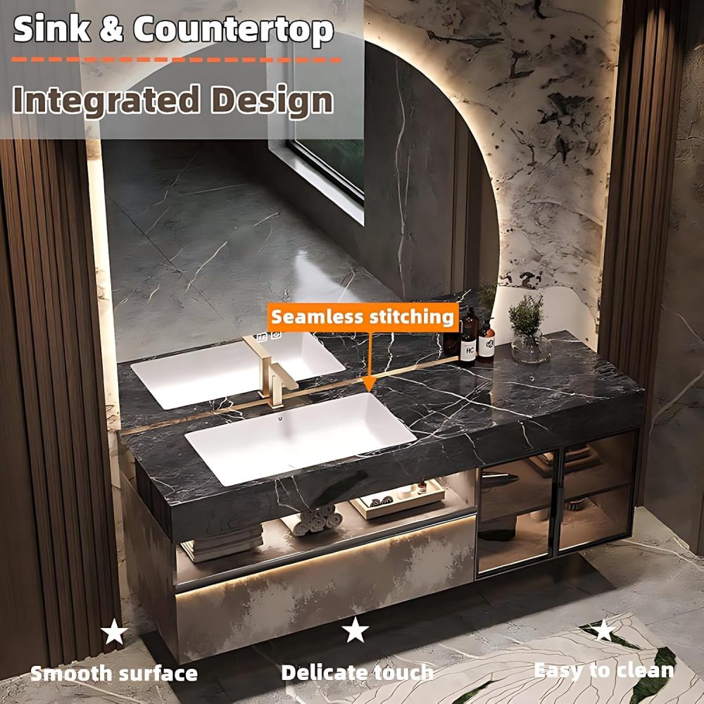 Bathroom Vanity with Sink - Single/Double Sink Bathroom Vanity Cabinet, Modern Floating Vanity with LED Defog Mirror Set (Pandora, 96")