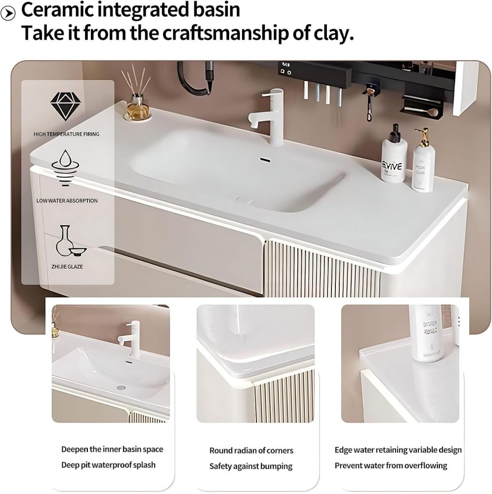 Bathroom Vanity with Sink Set - Includes LED Smart Defogging Mirror Cabinet, Stylish Floating Vanity - Bathroom Sink Cabinet with Drawers & Multifunctional Shelves (32")