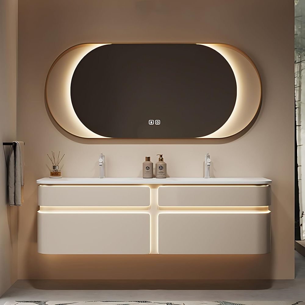 Bathroom Vanity with Sink - Modern Double Sink Bathroom Vanity Cabinet Set, Solid Wood Floating Vanity with Storage & Smart Defogger Mirror (64")