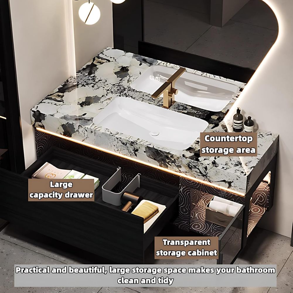 Bathroom Vanity with Sink - Single Sink Bathroom Vanity Cabinet & Smart Defog Mirror Set, Floating Vanity with Large Storage Drawers (Pandora, 80")