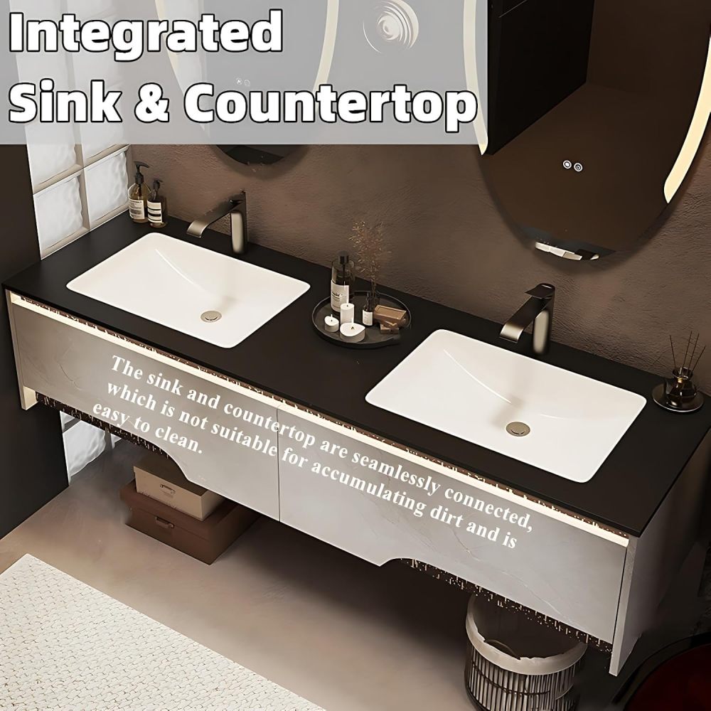 Bathroom Vanity with Sink - Double Sink Bathroom Vanity Cabinet & LED Smart Defog Mirror Set, Floating Vanity with Spacious Storage, Wall-Mounted (White, 96")