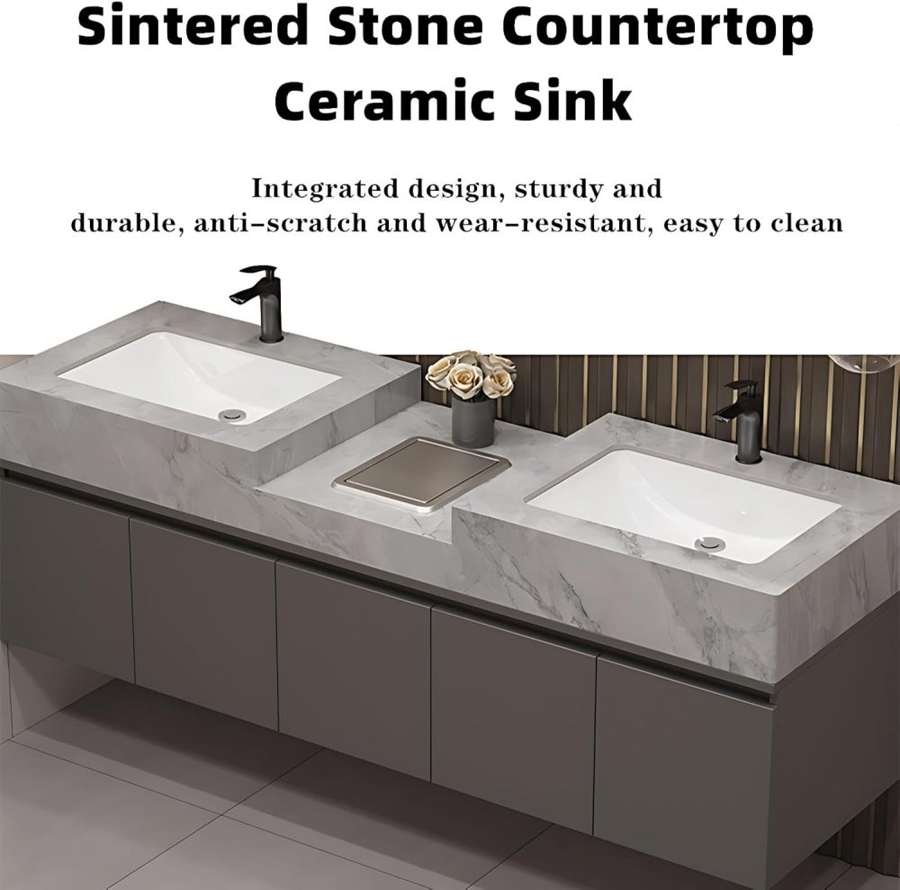 Bathroom Vanity with Sink - Modern Double Sink Bathroom Vanity Cabinet & LED Smart Defogger Mirror Set, Wall Mounted Floating Vanity with Faucet and Drain Pipe (Grey, 88")