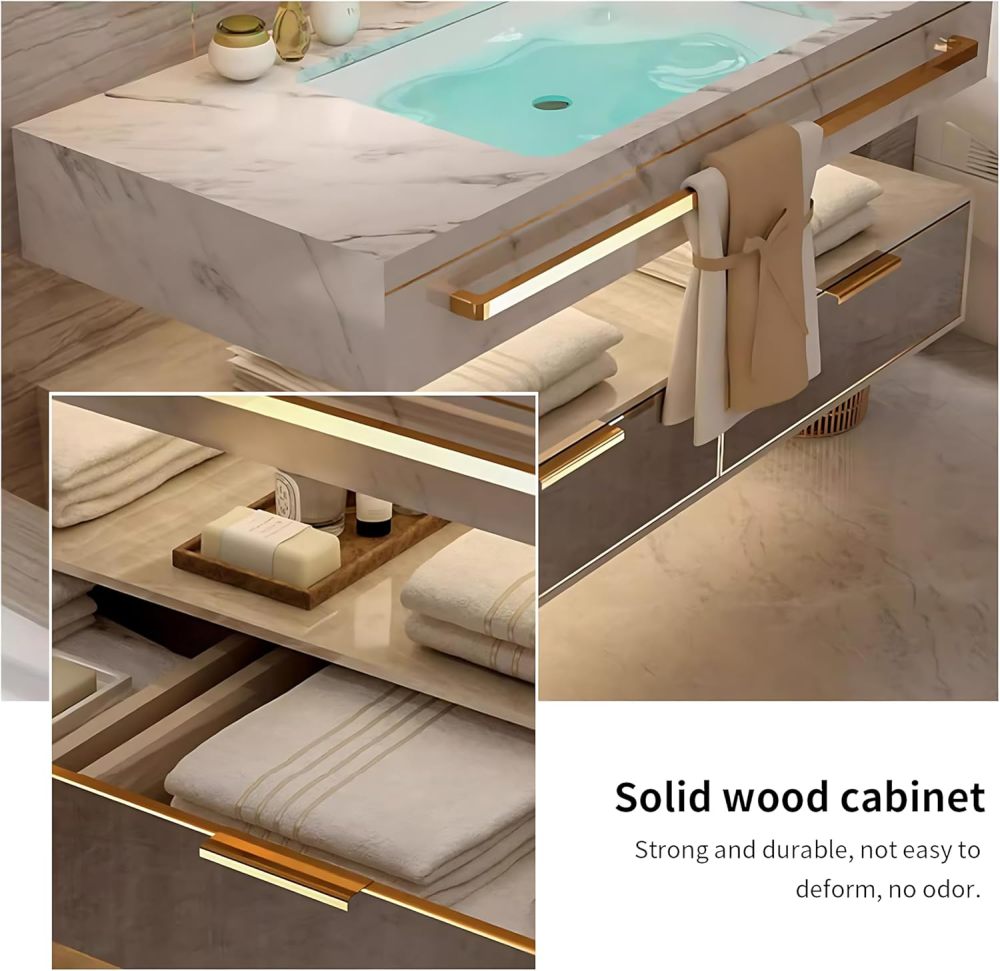 Bathroom Vanity with Sink- Modern Double Sink Floating Bathroom Vanity Cabinet with LED Smart Defogging Mirror Set, Marble Top & Ceramic Sink, Faucet Accessories Included (72")