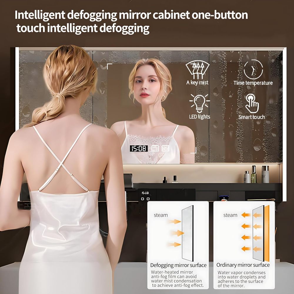 Modern Bathroom Vanity with Sink - LED Intelligent Defogging Mirror Cabinet, Multi-Functional Storage Shelf, Smart Sensor Lights, and Solid Wood Construction - Ideal Floating Vanity (68")