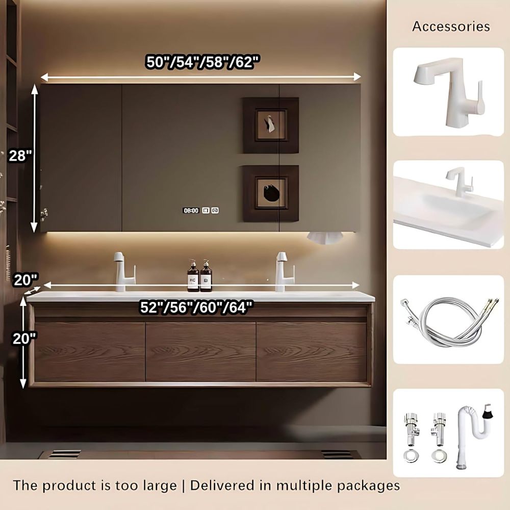 Bathroom Vanity with Sink - Modern Double Sink Vanity with Bathroom Sink Cabinet, Floating Vanity & Smart Mirror Set (64")