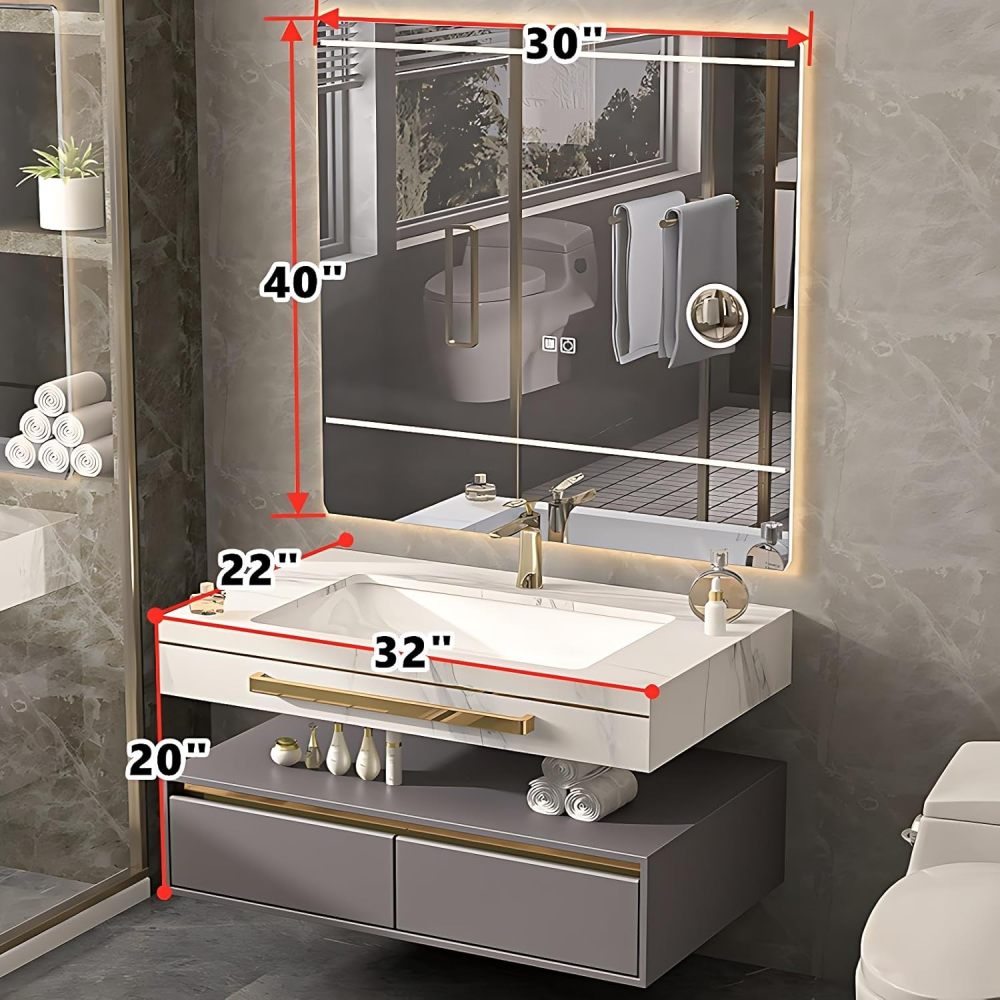 Bathroom Vanity with Sink - Modern Floating Vanity Set, Including LED Smart Defog Mirror, Stylish Vanity with Sink, Comes with Faucet and Drain Pipe Set (32")