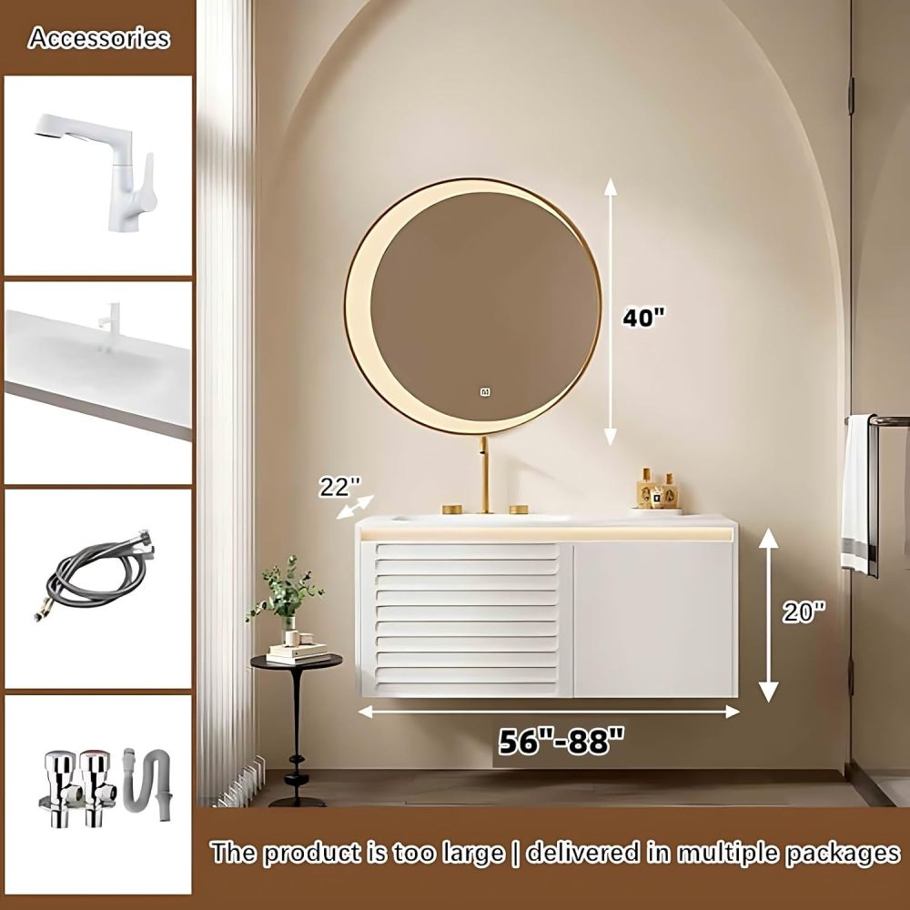 Bathroom Vanity with Sink - Modern Single Sink Floating Bathroom Vanity Cabinet & Defog Mirror Set, Wall-Mounted Installation, for Organized Spaces (Round Mirror, 72")