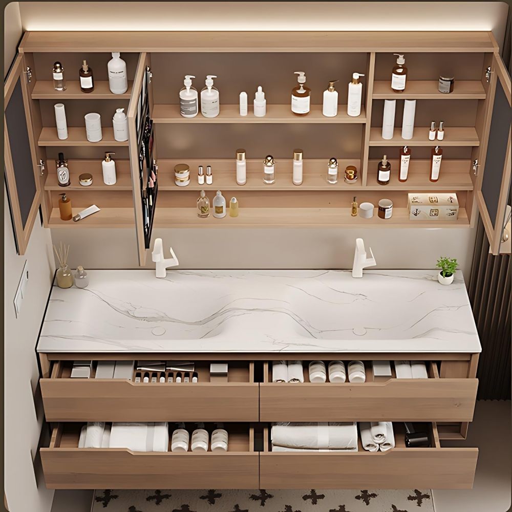 Modern Bathroom Vanity - Double Sink With Sintered Stone Countertop, LED Anti-Fog Mirror Cabinet, Wall-Mounted Floating (Grey, 80")