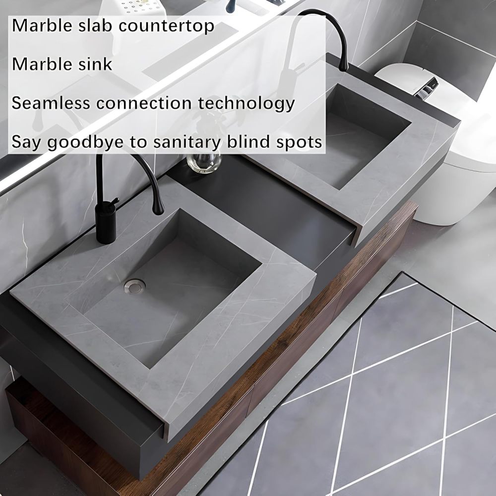 Modern Bathroom Vanity with Sink - Wall Mounted Double Sink Bathroom Vanity Cabinet & Smart Defog Mirror Set, Elegant Sintered Stone Top Floating Vanity with Ample Storage (52")