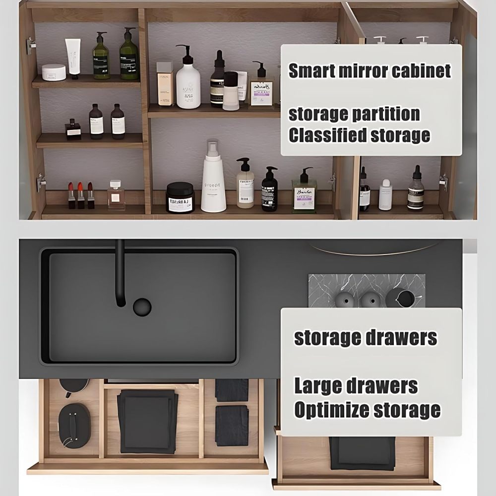 Bathroom Vanity with Sink - Modern Floating Vanity & LED Smart Defogger Mirror/Mirror Cabinet Combination, Wall-Mounted Installation, Sintered Stone Countertop (Smart Mirror Cabinet, 44")