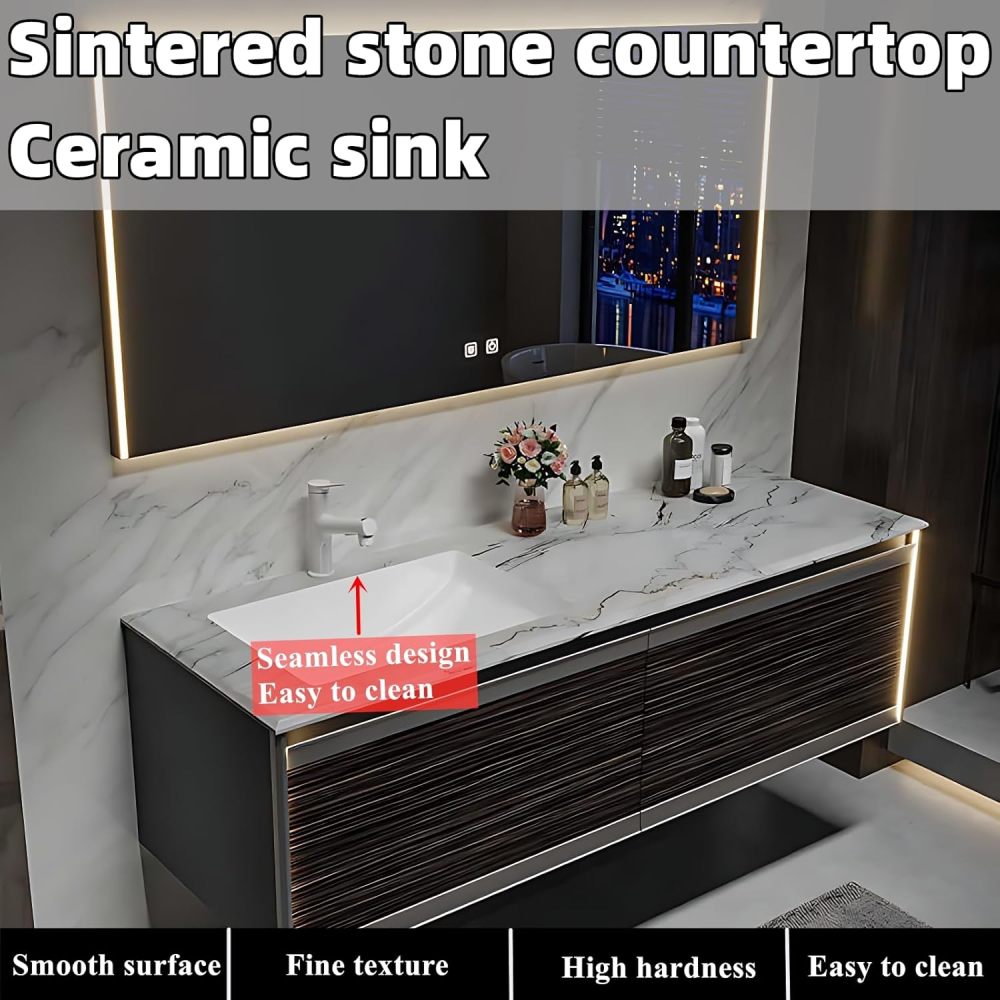 Bathroom Vanity with Sink - Single Sink Bathroom Vanity Cabinet, Sleek Floating Vanity with Smart Mirror Set, for Contemporary Homes (68")