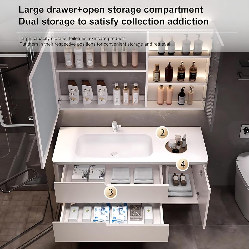 Bathroom Vanity with Sink Set - Modern Single/Double Sink Bathroom Vanity & LED Smart Defogger Mirror Cabinet Combination, Wall-Mounted Floating Vanity, Gift for Her (Double Sink, 52")