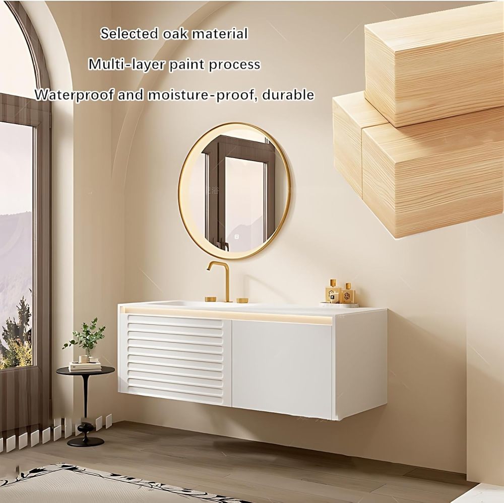 Bathroom Vanity with Sink - Modern Single Sink Floating Bathroom Vanity Cabinet & Defog Mirror Set, Wall-Mounted Installation, for Organized Spaces (Round Mirror, 72")