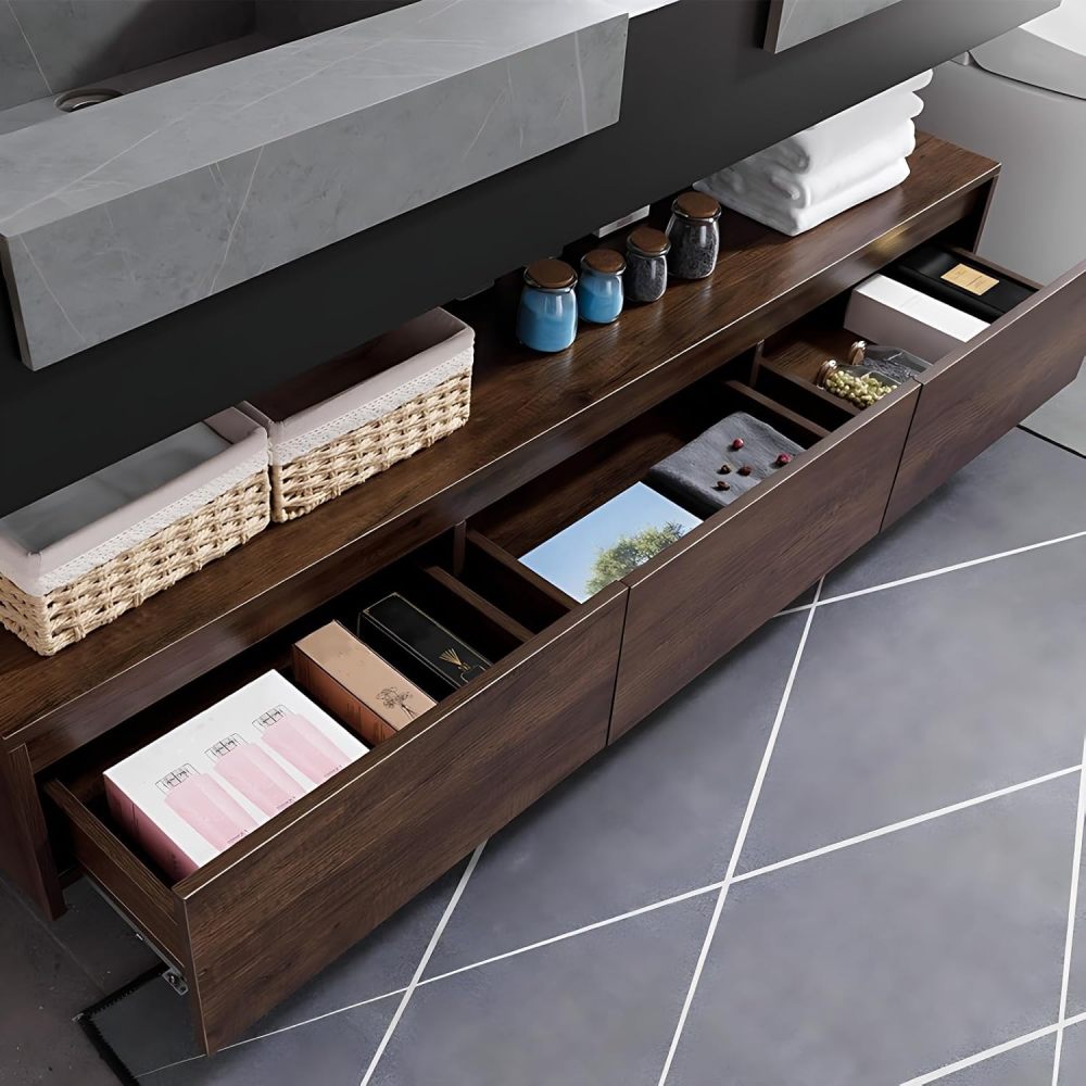 Modern Bathroom Vanity with Sink - Wall Mounted Double Sink Bathroom Vanity Cabinet & Smart Defog Mirror Set, Elegant Sintered Stone Top Floating Vanity with Ample Storage (52")